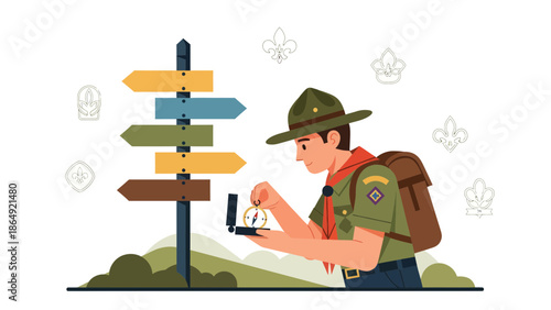 Young Adventurer Navigating Outdoors with Compass and Signpost Illustration