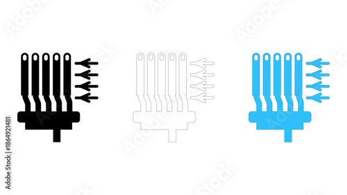 Set of three icons representing a heat sink or cooling system with airflow arrows, in black, outline, and blue variation