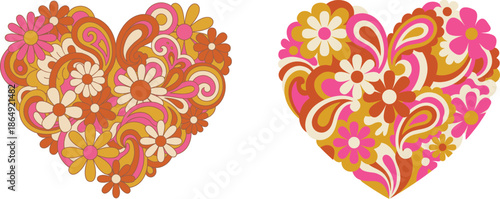 Groovy Retro Heart Vector Illustration Set with Paisley Swirls and Daisies. 70s Psychedelic Hippie Style Flower Power Concept