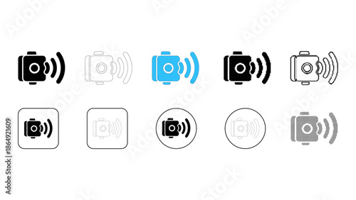 Set of wireless camera icons, different styles, broadcasting signal, security monitoring, vector illustration