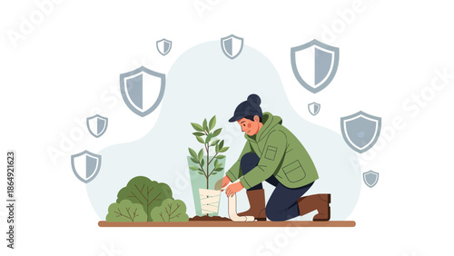 Young Man Protecting Tree with Shield Icons Promoting Ecological Awareness
