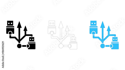 Usb hub connection diagram icon set for data transfer and device connectivity