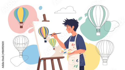 Young Artist Painting Hot Air Balloons On A Canvas In The Studio