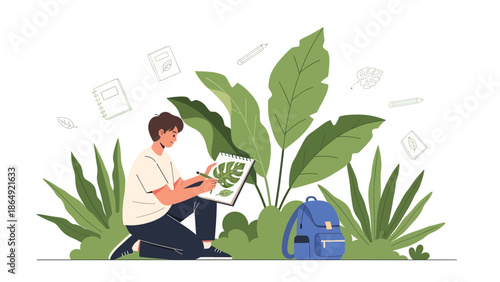 Young Artist Drawing Leaves Nature Creative Hobby In Tranquil Garden Setting