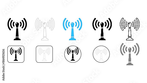 Set of various communication antenna icons and symbols representing wireless signal transmission and network connectivit