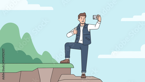 Young Man Reaching Peak Taking Selfies On Mountain Top Adventure