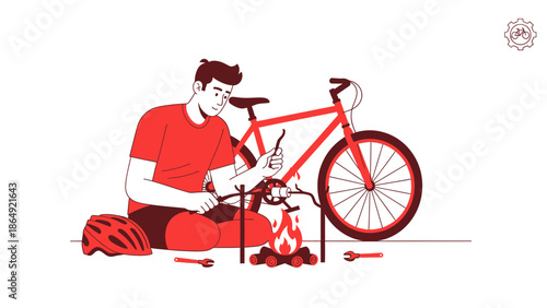 Young Man Repairing Bicycle In Nature With Helmet And A Campfire