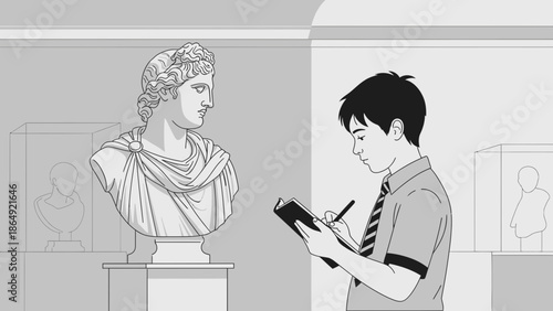 Young Artist Sketching a Classical Bust in an Art Museum Exhibition Room