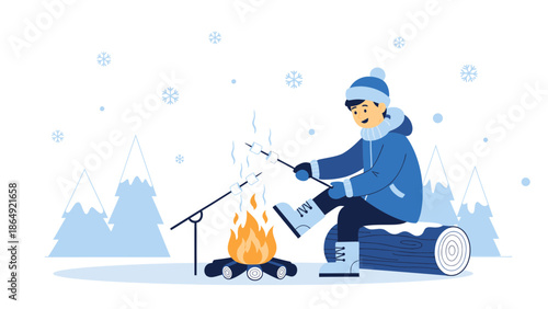 Young Man Roasting Marshmallows Over Bonfire in Snowy Winter Landscape Scene
