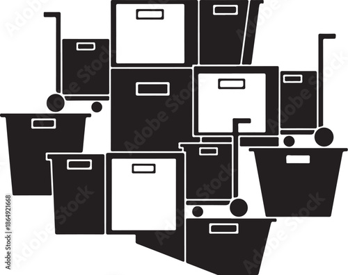 Black and white illustration of stacked boxes and containers