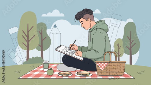 Young Man Sketching At A Picnic With Trees In A Park In Illustration