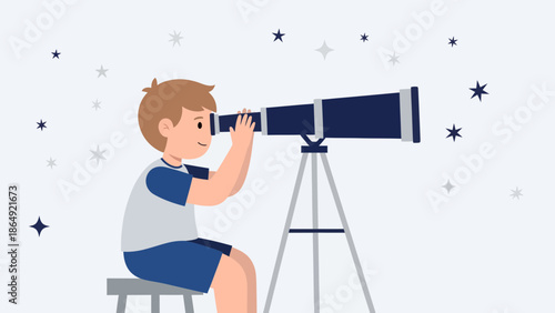 Young Astronomer Discovering Stars Through His Telescope With Great Enthusiasm