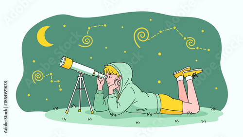 Young Astronomer Exploring Night Sky Using A Telescope Under Moonlight