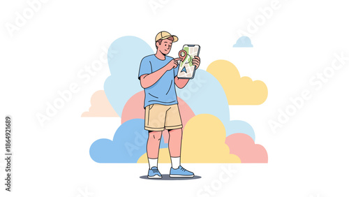 Young Man Using Mobile Navigation App For Orientation On Modern Background