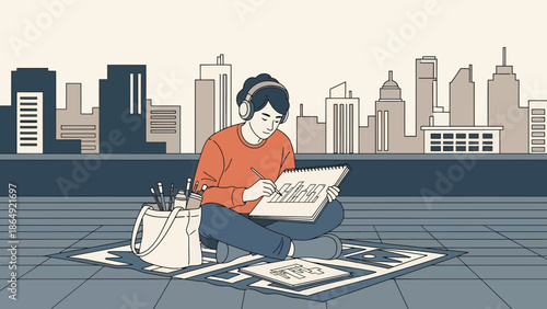 Young Man Sketching Urban Skyline With Headphones In A Serene Environment