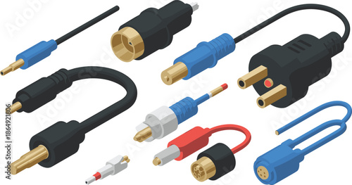 Computer cable and connector set with USB HDMI audio plugs, flat vector illustration for technology and digital devices