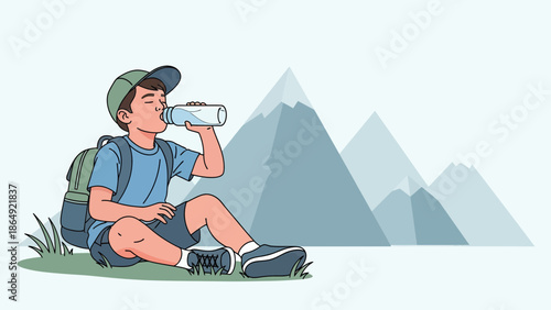 Young Boy Drinking Water On A Hike With Mountains Behind Him Illustration