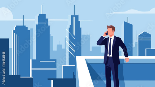 Young Professional Communicating on Smartphone with Panoramic City Skyline View