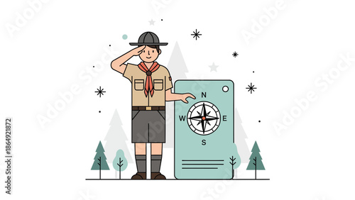 Young Scout Saluting With Compass In Nature Adventure Scene With Minimalist Style