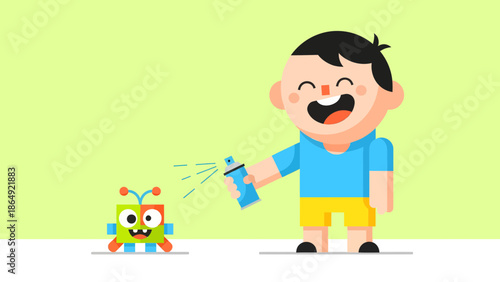 Young Boy Happily Spraying a Cheerful Toy Robot With a Spray Can