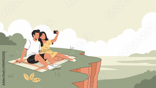 Young Couple Enjoying Picnic Outdoors And Capturing Memories On Smartphone