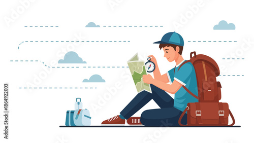 Young Traveler Sitting With Map And Backpack Planning Journey With Compass