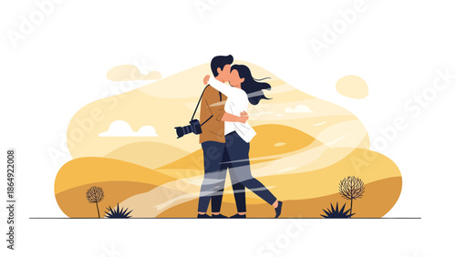 Young Couple Embracing On Vacation Landscape With Camera Near Sand Dunes