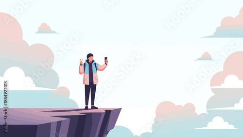 Young Traveler Taking A Selfie On A Cliff Top Above Pastel Clouds