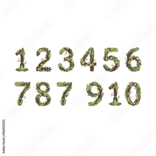 Numbers 1 to 10 made from green leaves and branches with small white berries, festive nature-inspired design.