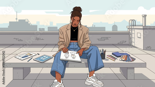Young Designer Drawing On A Rooftop Terrace With City Skyline View