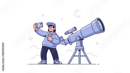Young Enthusiast Capturing Night Sky Adventures Beside Powerful Telescope