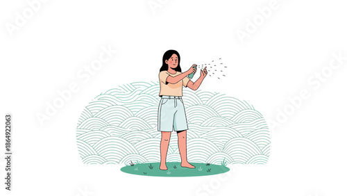 Young Woman Applying Insect Repellent Spray Outdoors For Protection