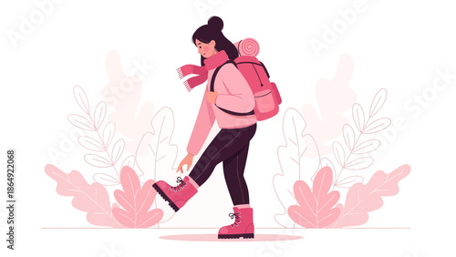 Young Woman Adventures In Nature With Backpack And Pink Hiker Boots Illustration