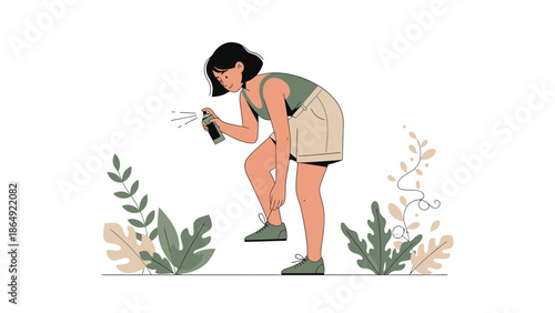 Young Woman Applying Mosquito Repellent Spray On Leg During Outdoor Activity
