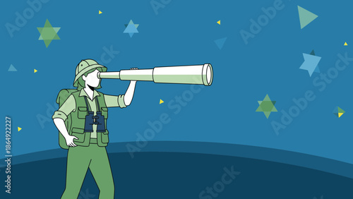 Young Explorer Gazing Through Telescope At Night Sky Illustration