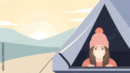 Young Woman Enjoying Sunrise From Tent During Camping Trip In The Mountains