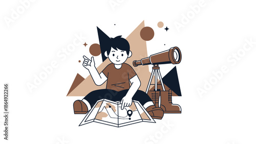 Young Explorer Planning Adventure With Map And Telescope Outdoor Discovery