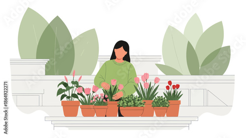 Young Woman Gardening Tulips in Pots at Home Urban Balcony Garden