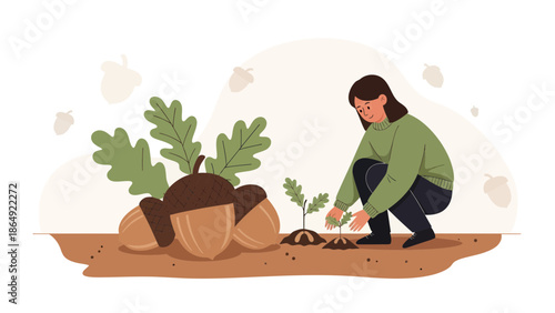 Young Woman Gardening Planting Acorn Seedlings For Growing Oak Trees