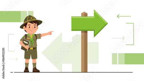 Young Explorer Points The Way On Journey With Direction Sign Guidance