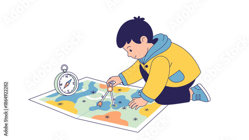 Young Explorer Plots Course With Compass And Map For Exciting Outdoor Adventure