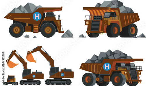 Heavy mining machinery illustration set, dump trucks and excavator, construction vehicles, quarry equipment, industrial transport, flat vector design