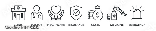 Medicare banner icon with clinic, doctor, healthcare, insurance, costs, medicine, emergency