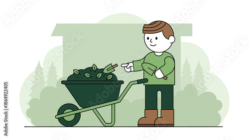 Young Gardener Pushing A Wheelbarrow Full Of Leaves In Spring Season Illustration