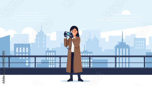 Young Woman Photographer Capturing Cityscape Views From High Vantage Point In Modern Style