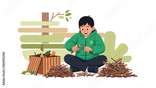 Young Gardener Preparing Kindling Near Compost And Bench In A Green Environment