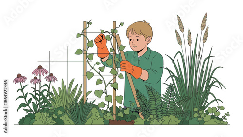 Young Gardener Pruning Climbing Plants With Support Structure In His Lovely Garden