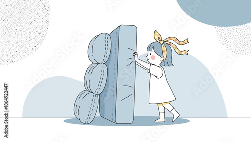 Young Girl Effort Moving Heavy Object Concept Illustration Minimalist Style