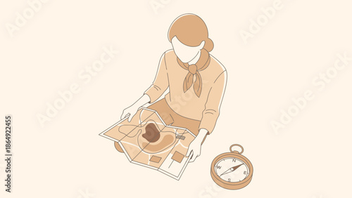 Young Woman Planning Adventure Trip With Map And Compass In Nature