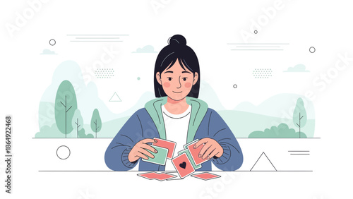 Young Woman Playing Cards At Table Relaxing And Concentrating On Card Game